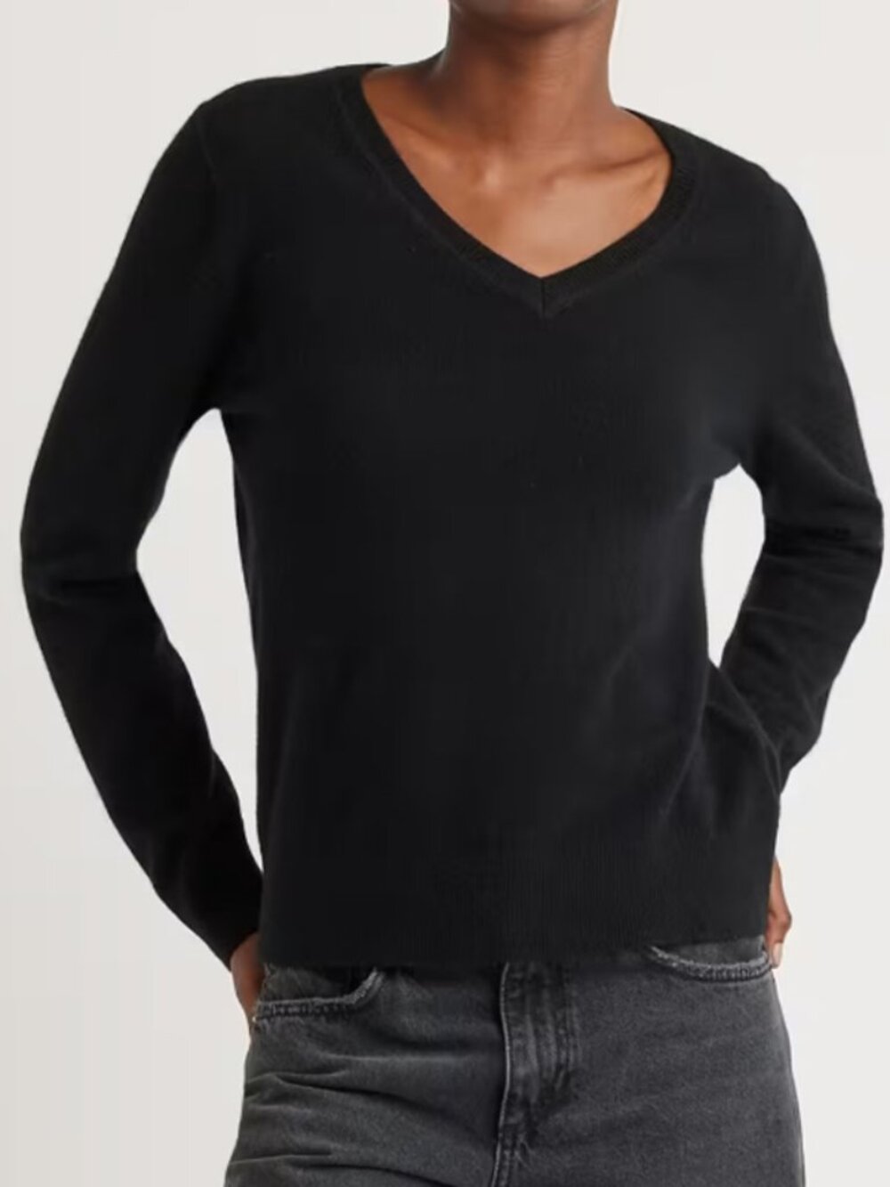 Quince Mongolian 100% Cashmere V-Neck Sweater Black L $138 Quiet Luxury Soft Top